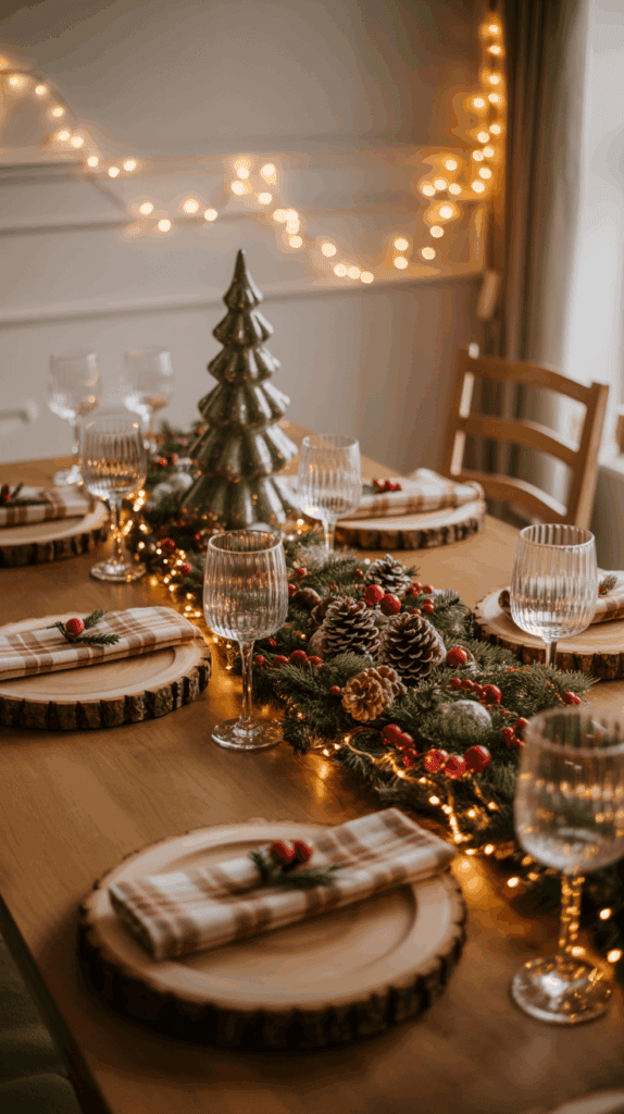 A festive dinner table set with wooden chargers, plaid napkins, and clear glasses, adorned with a garland centerpiece featuring pinecones, berries, and fairy lights, and a decorative ceramic evergreen tree on a wooden surface.