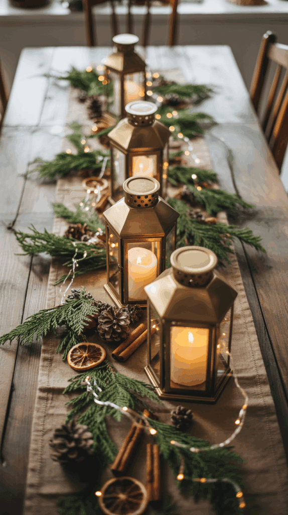 A festive table centerpiece featuring four gold lanterns with lit candles, surrounded by evergreen branches, pine cones, dried orange slices, cinnamon sticks, and string lights along a wooden table.