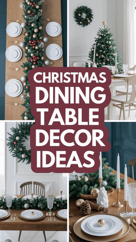 A collage of Christmas dining table decor ideas, featuring festive setups with greenery, ornaments, and elegant tableware. Each table is adorned with candles, wreaths, and decorated Christmas trees in the background. A bold text overlay reads 'Christmas Dining Table Decor Ideas' in white letters on a maroon background.