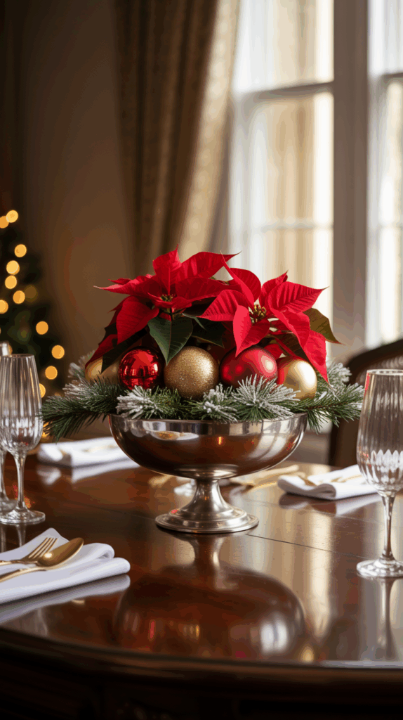 A Christmas-themed centerpiece on a dining table featuring red poinsettias, gold and red ornaments, and pine branches in a silver bowl, surrounded by elegant glassware and napkins.