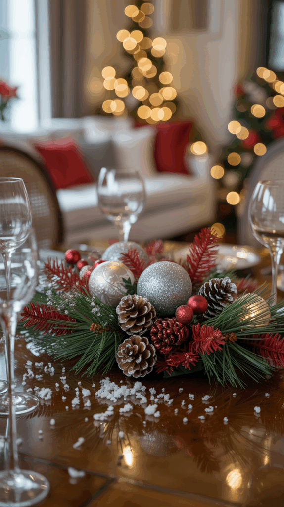 A festive centerpiece on a dining table featuring pine cones, red and silver ornaments, and evergreen branches, with a blurred background showing a Christmas tree lit with warm lights and a sofa with red pillows.