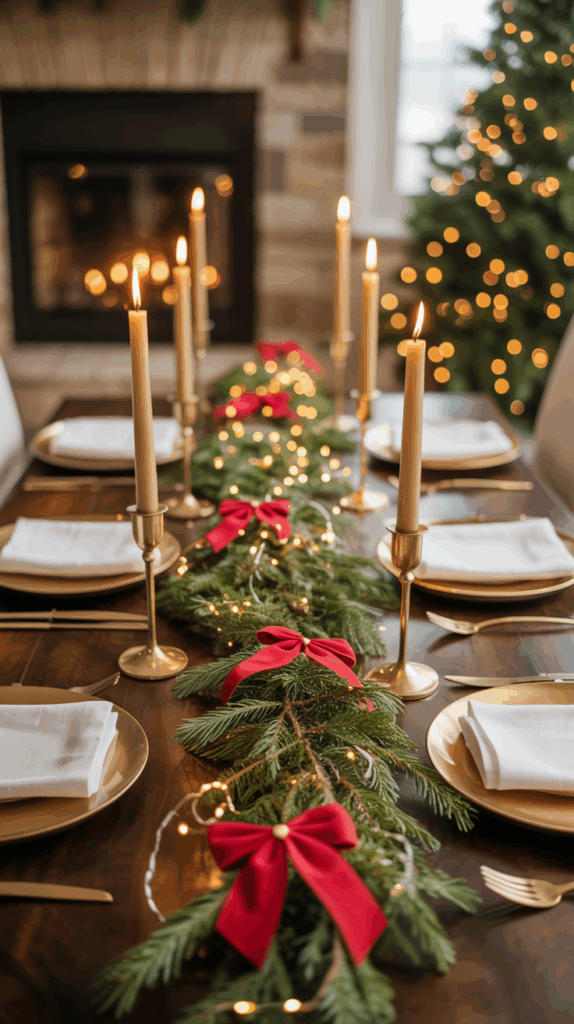 A festive dining table set with golden plates, white napkins, and tall ivory candles in brass holders. The centerpiece features evergreen branches adorned with red bows and fairy lights. A decorated Christmas tree and a fireplace with a glowing fire are in the background.