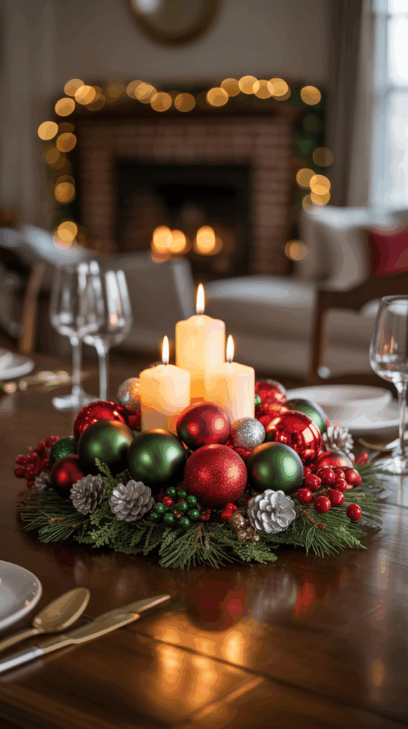 A festive holiday centerpiece on a dining table featuring three burning candles surrounded by red, green, and silver ornaments, pine cones, and greenery, with a blurred background of a cozy fireplace and twinkling lights.