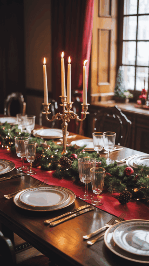 An elegant dining table set for a holiday meal, featuring a red table runner, a gold candelabra with lit candles, glassware, and a decorative greenery centerpiece with pine cones and ornaments.