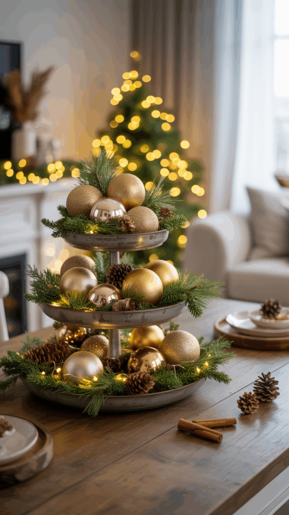 A three-tiered stand on a wooden table is decorated with gold and bronze Christmas ornaments, pine cones, and green foliage, with a glowing Christmas tree in the blurred background. A cozy living room setting is visible, including a couch and tableware.