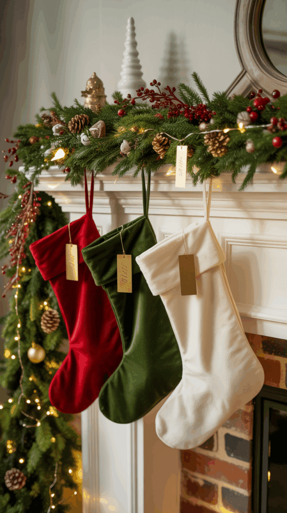 A festive fireplace mantel decorated with a garland of evergreen branches, pine cones, and berries. Three velvet stockings in red, green, and white hang from the mantel, each labeled with a name. Warm white string lights add a cozy glow to the scene.