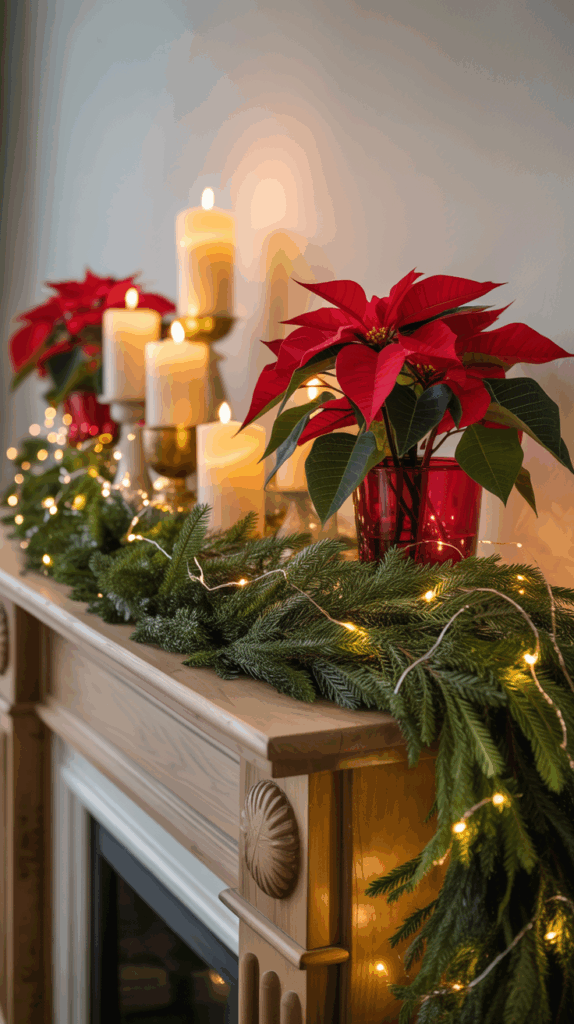 A festive fireplace mantel with red poinsettias in red pots, surrounded by lit white candles and a garland of evergreen branches adorned with small white string lights.