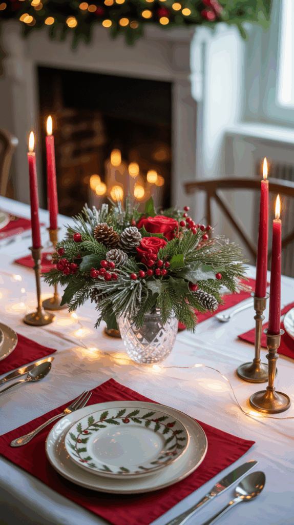 A festive dining table set for Christmas with red candles, a centerpiece of red roses, pine cones, and greenery, and white plates with a holly pattern on red placemats, all against the backdrop of a lit fireplace and garland with lights.
