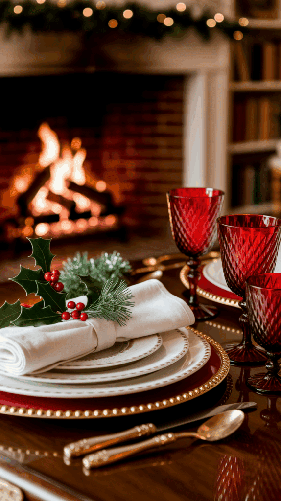 A festive holiday table setting featuring a stack of elegant plates with a napkin adorned with holly leaves and berries, next to red goblets, with a warm fireplace in the background.