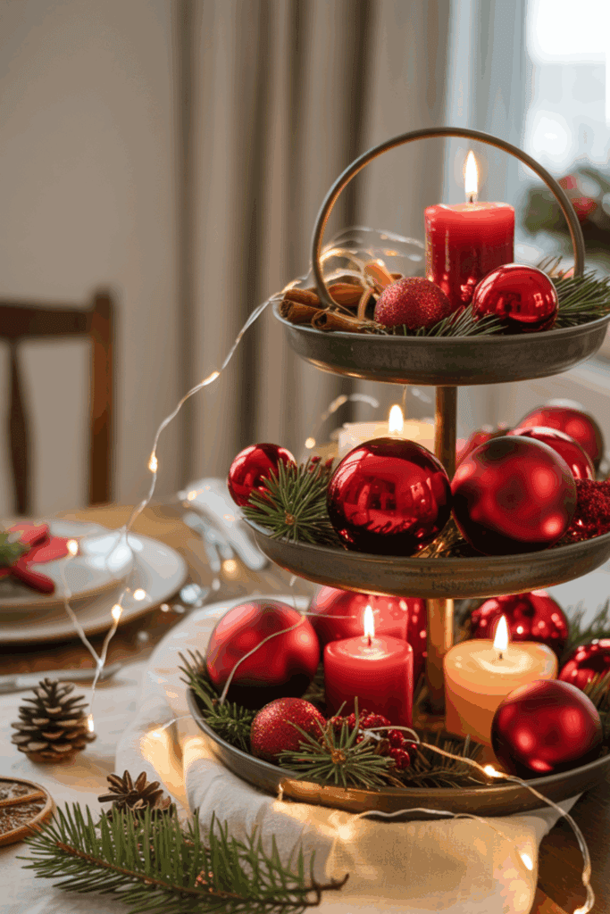 A tiered tray centerpiece decorated with red candles, Christmas ornaments, cinnamon sticks, and greenery, surrounded by pinecones and fairy lights on a festive dining table.