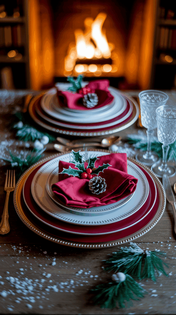 A festive dining table setting featuring a stack of elegant red and white plates with a gold rim, adorned with a red napkin, a pine cone, and sprigs of holly and berries. Crystal glasses and gold cutlery are placed alongside, with a warm, cozy fireplace in the background adding to the holiday ambiance.