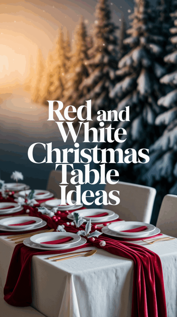 A festive table setting featuring a red and white color scheme with elegant place settings and decorations, set against a backdrop of snow-covered trees, with the text 'Red and White Christmas Table Ideas' prominently displayed.
