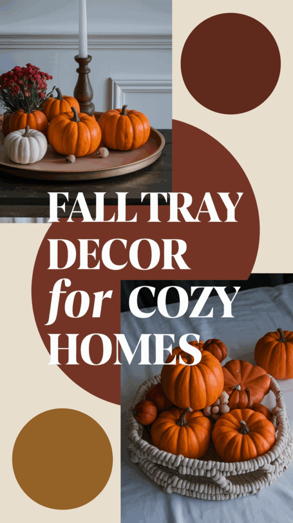 Decorative image featuring pumpkins arranged on trays as fall decor, with the text "Fall Tray Decor for Cozy Homes." The background includes a mix of brown and beige circular patterns.