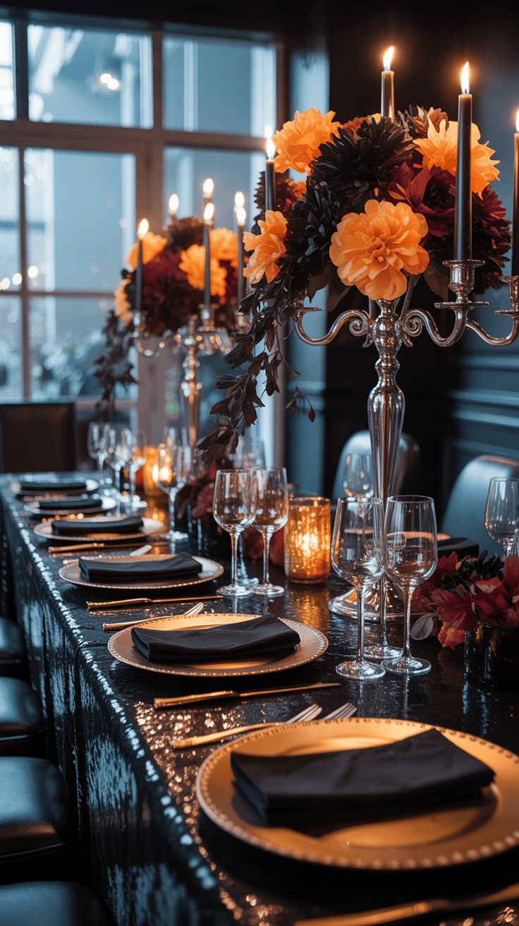 A luxuriously set dining table with a black tablecloth, black napkins on gold plates, and a centerpiece featuring lit candles and vibrant orange and dark purple flowers in a candelabra. The setting is elegant, with wine glasses and small gold decorations, under soft ambient lighting against a background of large windows.