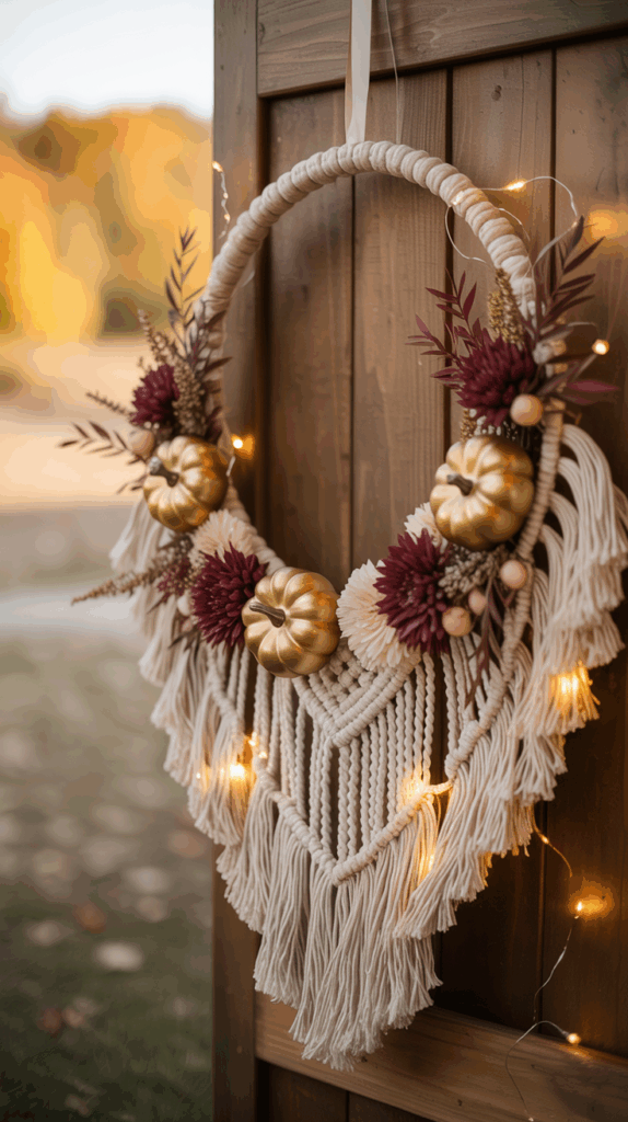 A decorative macramé wreath with gold pumpkins, burgundy flowers, and warm string lights, hanging on a wooden door in a fall setting.