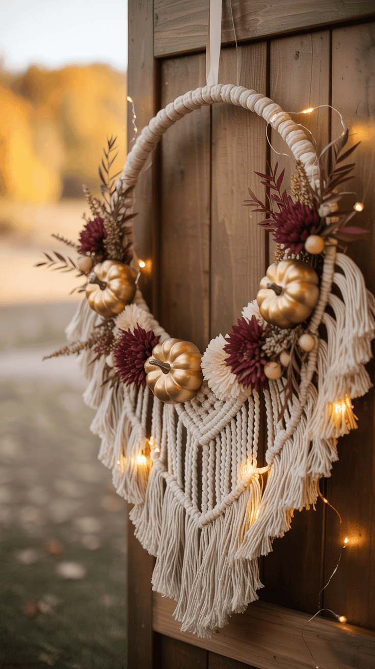 A decorative macramé wreath with gold pumpkins, burgundy flowers, and warm string lights, hanging on a wooden door in a fall setting.