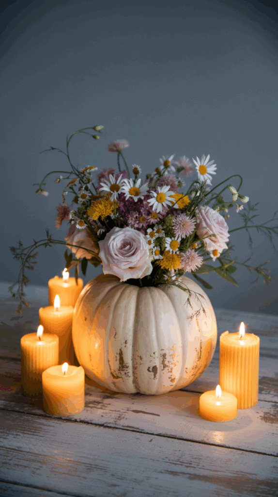 A white pumpkin used as a vase holding a bouquet of mixed flowers, surrounded by lit, yellow candles on a rustic wooden surface.