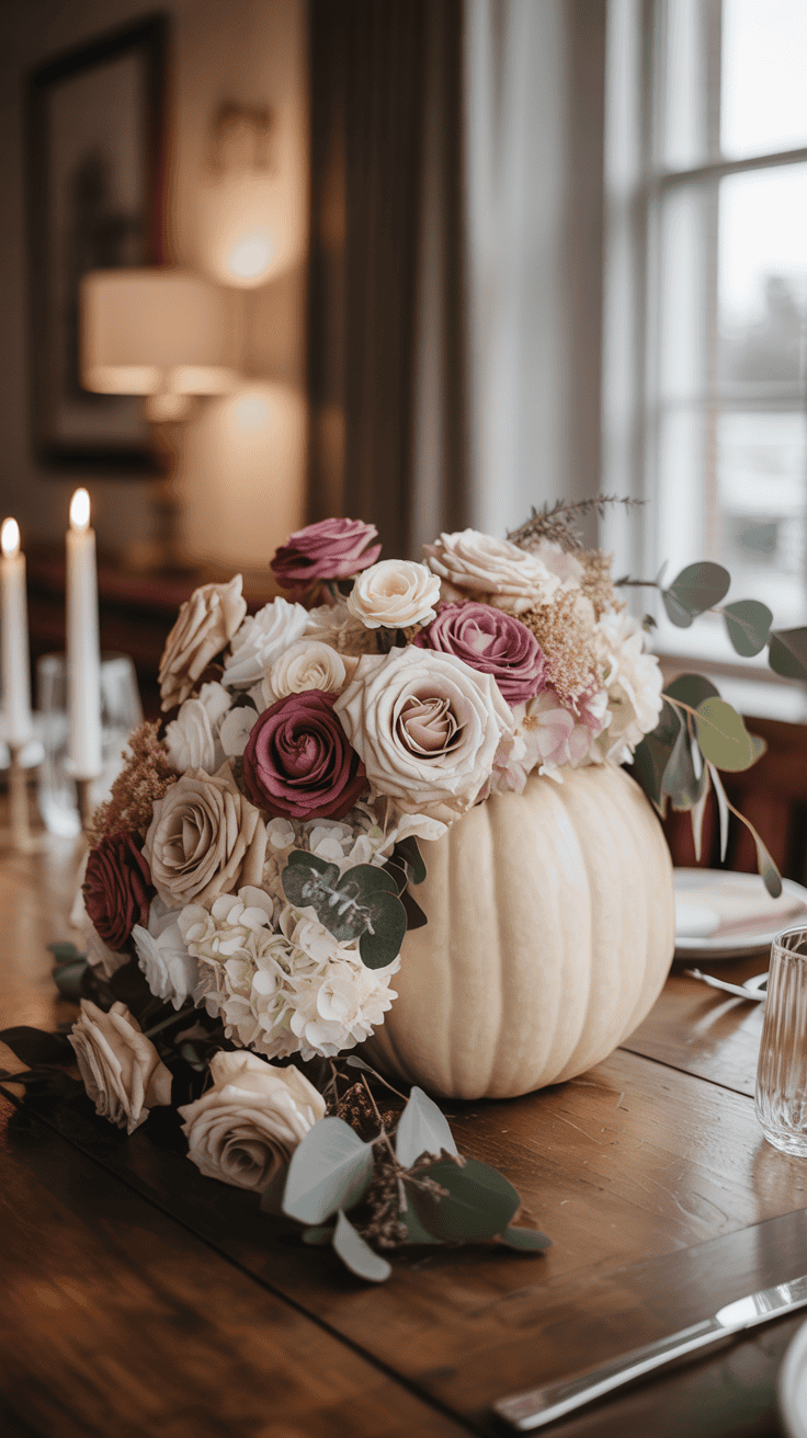 A white pumpkin centerpiece adorned with pink, purple, and white roses, along with green foliage, elegantly arranged on a wooden table in a warmly lit dining room setting.