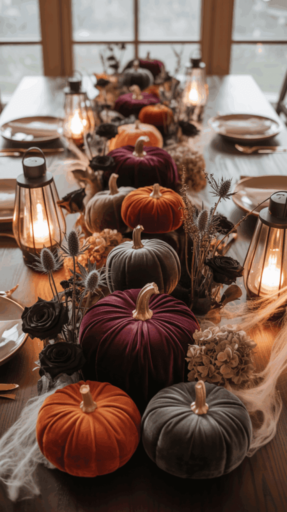 A table decorated with fabric pumpkins in shades of purple, orange, and gray, set among black roses, dried flowers, and soft lighting from lanterns, creating an autumnal centerpiece.