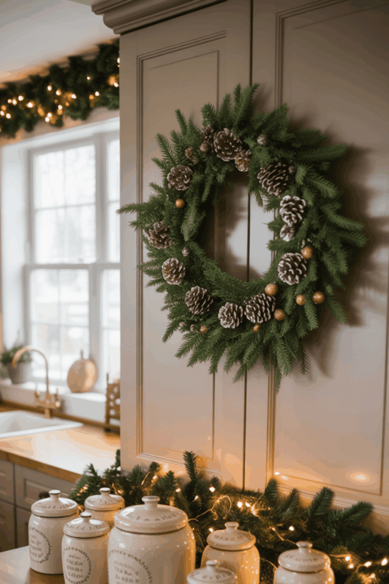 A Christmas wreath adorned with pine cones and ornaments is hung on a kitchen cabinet door, surrounded by festive garland and lights. Ceramic jars are placed on the countertop, and a window with light streaming in is visible in the background.