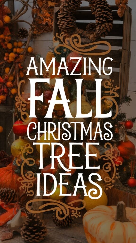 Decorative text overlaying a fall-themed arrangement of pinecones, pumpkins, and autumn leaves reads 'Amazing Fall Christmas Tree Ideas.'