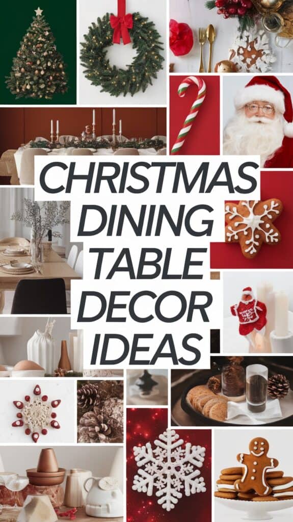 A collage of Christmas dining table decor ideas, featuring a decorated Christmas tree, a green wreath with a red bow, a table set with candles, a candy cane, Santa Claus, gingerbread cookies, and various festive table settings and decorations.