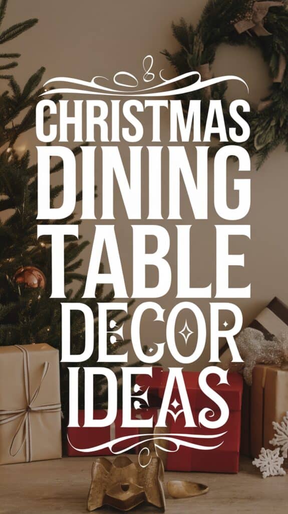 A festive Christmas scene featuring the text "Christmas Dining Table Decor Ideas" in large white letters over an image of a decorated Christmas tree, gift boxes, and holiday decorations.