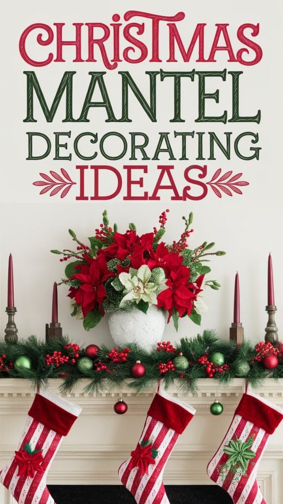 A decorated mantel with red and green Christmas ornaments, garland, and red striped stockings, featuring a centerpiece of red and white flowers in a white vase, with the text "Christmas Mantel Decorating Ideas" above.