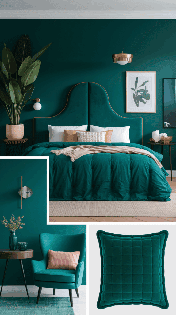 A stylish bedroom with a teal color scheme featuring a large upholstered headboard, matching bedspread, and decorative pillows. The room includes a small table with a potted plant and wall art. A teal armchair is placed nearby with a small side table and vase. A grid-patterned teal cushion is shown separately.