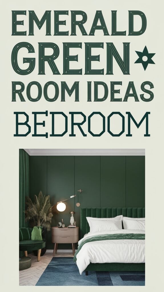 A stylish bedroom with emerald green walls, a matching green upholstered bed, and a green armchair, complemented by a circular table with decorative items, a reading lamp, and a leafy plant in the corner.