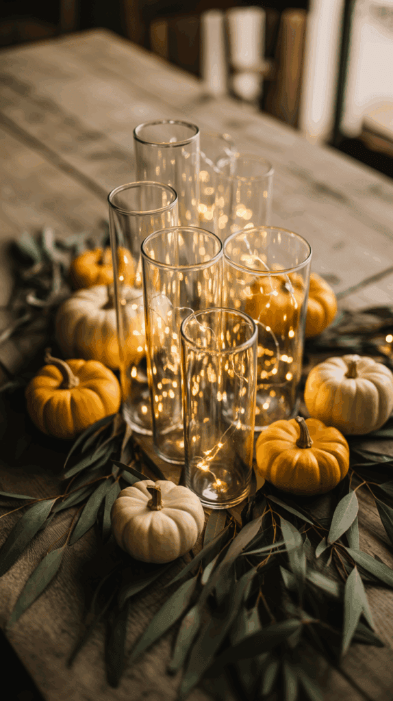 A decorative autumn centerpiece with glass vases containing string lights surrounded by small white and orange pumpkins and eucalyptus leaves on a wooden table.