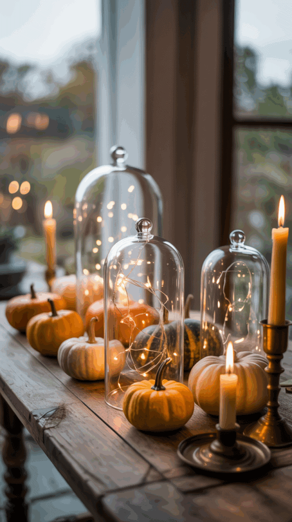 A wooden table decorated with small pumpkins, glass cloches containing string lights, and lit candles, creating a cozy and festive ambiance.
