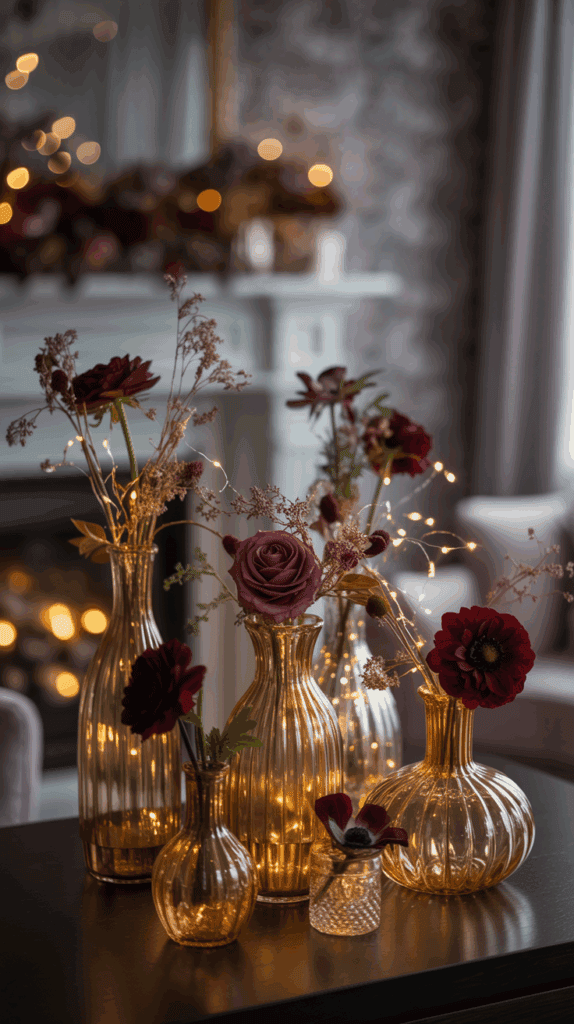 A collection of gold glass vases of various shapes filled with burgundy flowers and illuminated by delicate string lights, set in front of a blurred background with soft bokeh from nearby lights and a fireplace.