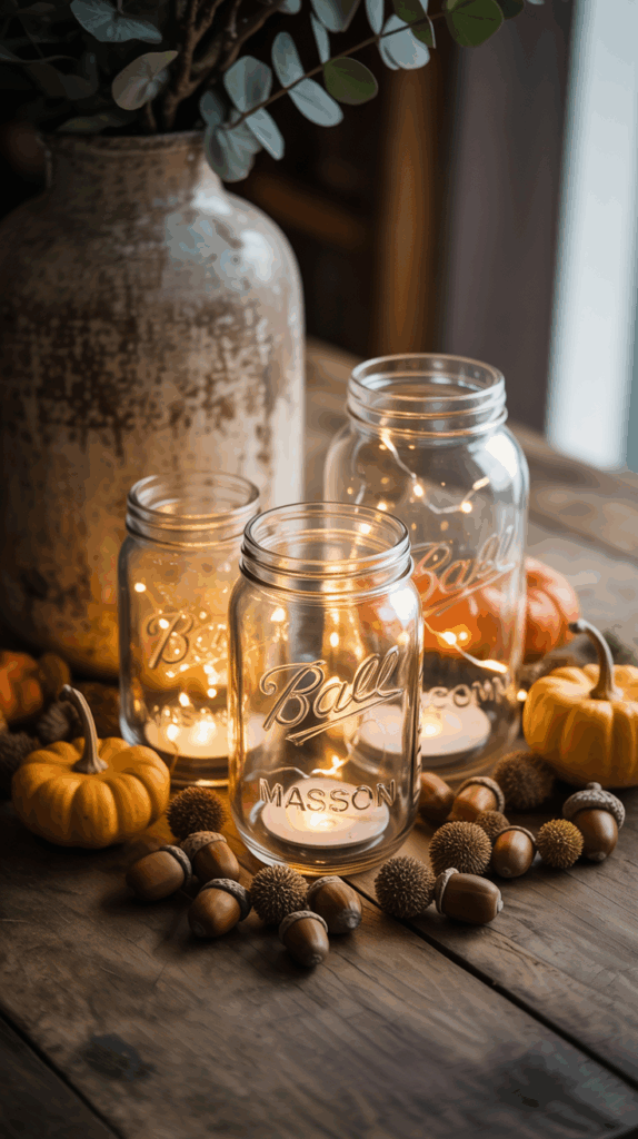 Three glass mason jars filled with string lights are placed on a wooden table surrounded by small pumpkins and acorns. A rustic vase with leafy branches is in the background, creating a cozy autumnal arrangement.