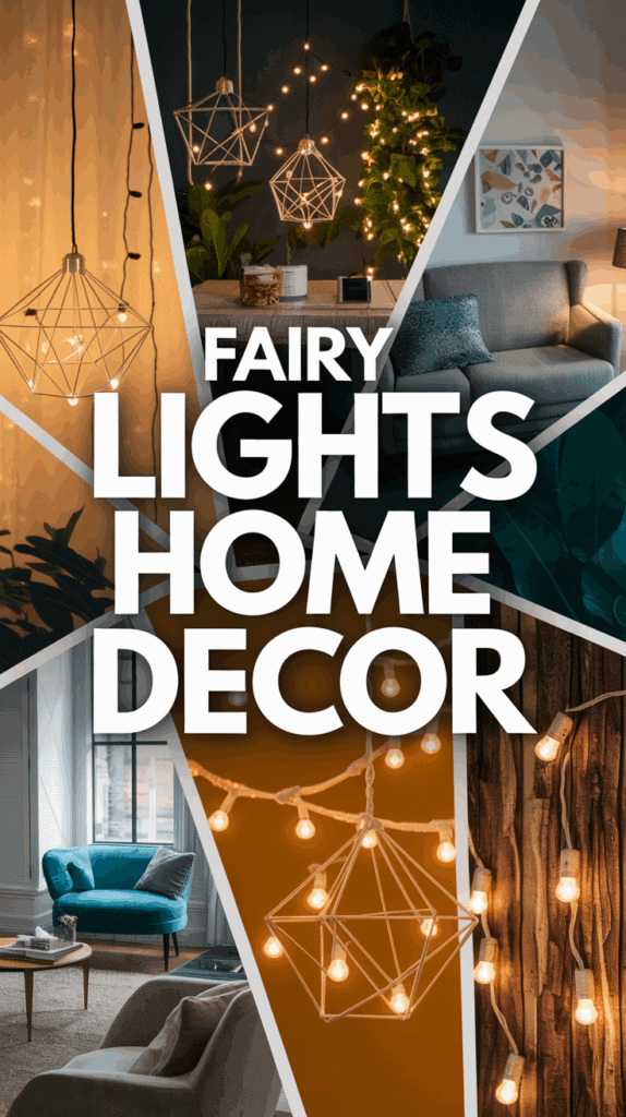 Collage of various home decor scenes featuring fairy lights, geometric pendants, lush greenery, and cozy living room settings, with bold text "Fairy Lights Home Decor."