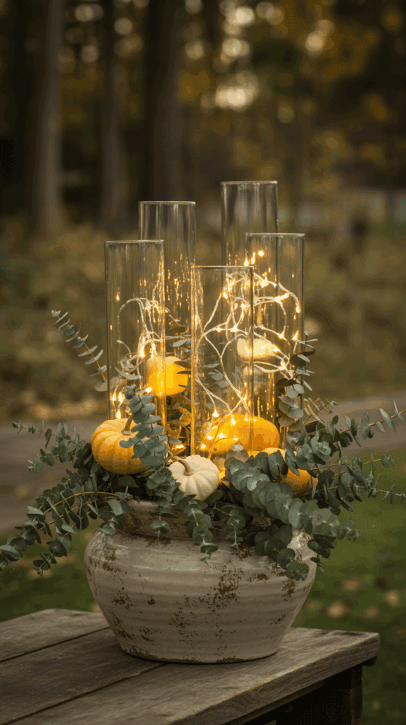 A decorative arrangement featuring tall glass vases filled with glowing string lights, surrounded by small orange and white pumpkins and eucalyptus leaves, all set in a rustic ceramic pot on a wooden table outdoors.