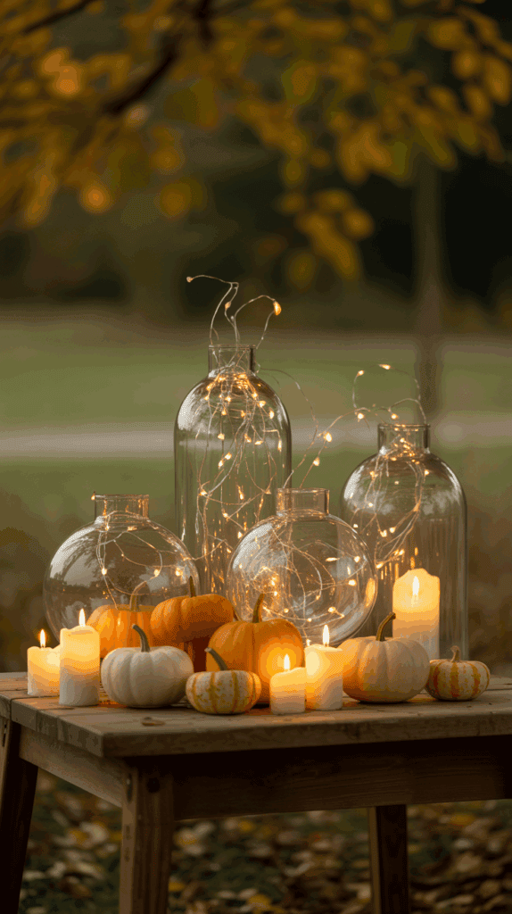 A rustic wooden table adorned with candles, small pumpkins, and glass bottles containing fairy lights, set outdoors with autumn foliage in the background.