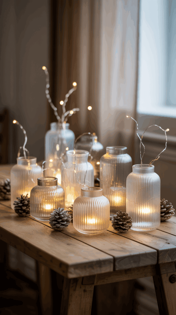 A wooden table adorned with ribbed glass jars containing lit candles, surrounded by pine cones and decorated with delicate string lights, creating a warm, cozy ambiance.
