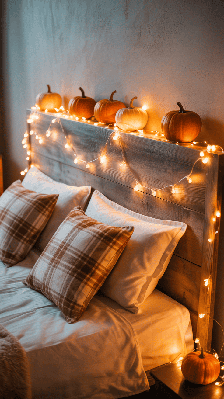 A cozy bedroom featuring a wooden headboard decorated with small pumpkins and glowing string lights, two plaid pillows on a neatly made bed, and warm lighting creating a fall-themed ambiance.