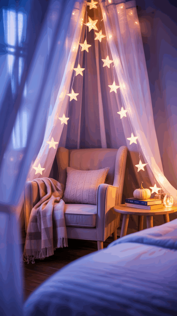 A cozy reading nook with a cushioned armchair draped with a plaid blanket and a knitted pillow, surrounded by warm star-shaped fairy lights hanging from sheer curtains. A small round side table holds books and a decorative pumpkin.
