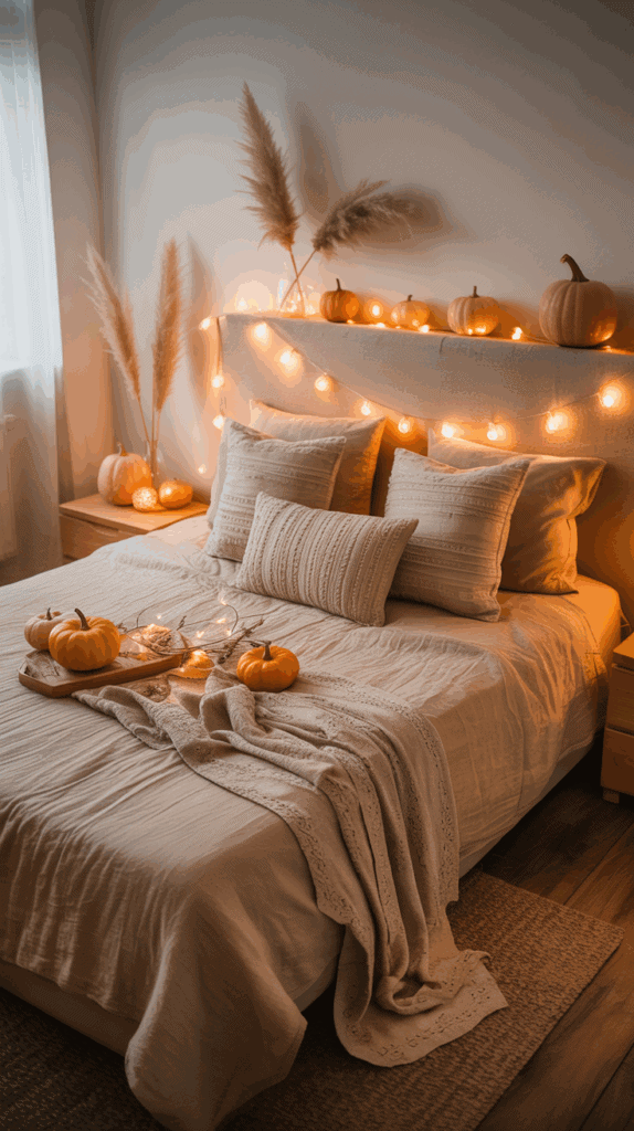 A cozy bedroom with a neutral color scheme, featuring pampas grass and pumpkins on a headboard draped with string lights. The bed is adorned with textured pillows and a knitted blanket, creating a warm, autumn-inspired atmosphere.