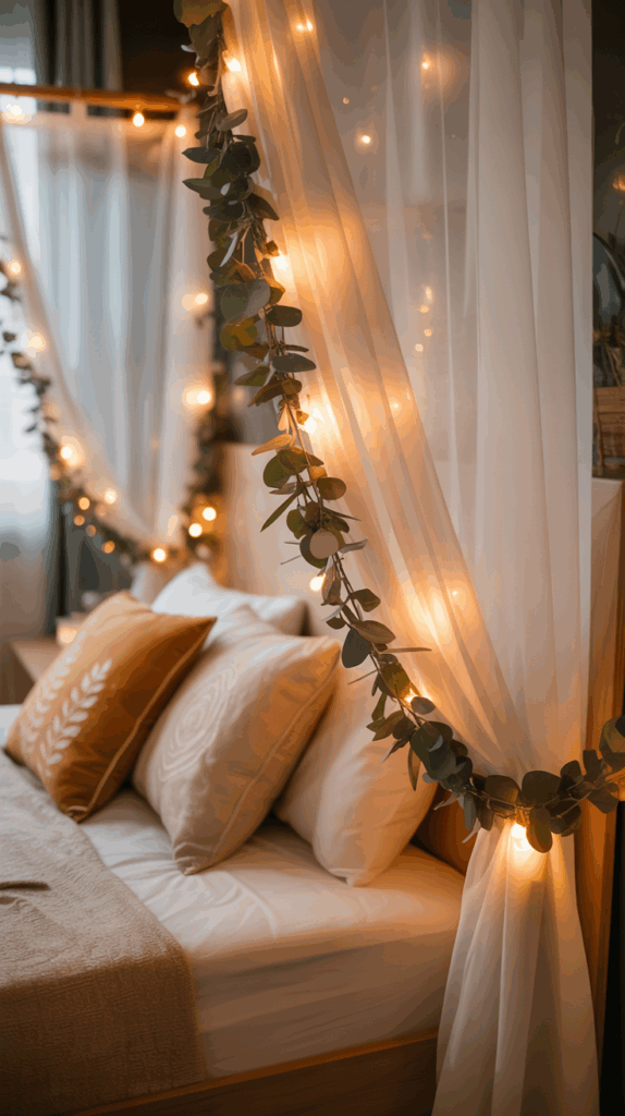 A cozy bedroom with white and beige pillows on the bed, surrounded by sheer curtains and adorned with string lights and green leaf garlands for a warm ambiance.