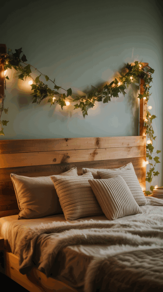 A cozy bedroom with a wooden headboard adorned with a garland of artificial ivy and string lights, featuring a neatly made bed with textured pillows and a soft blanket.