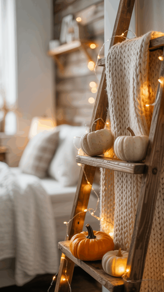 A cozy interior scene with a wooden ladder adorned with small pumpkins and a thick, knitted blanket. The ladder is wrapped in warm fairy lights, creating a soft glow. The background features a blurred view of a bed with cushions and another wooden shelf.