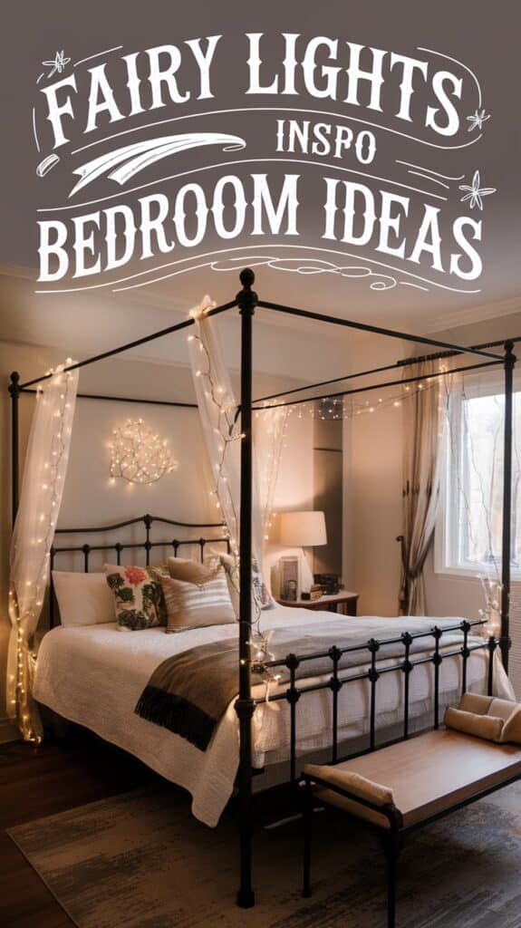 A cozy bedroom with a canopy bed draped with sheer curtains and fairy lights. The room is softly lit by a bedside lamp, and the walls feature fairy light decorations. The text "Fairy Lights Inspo Bedroom Ideas" is overlaid at the top of the image.