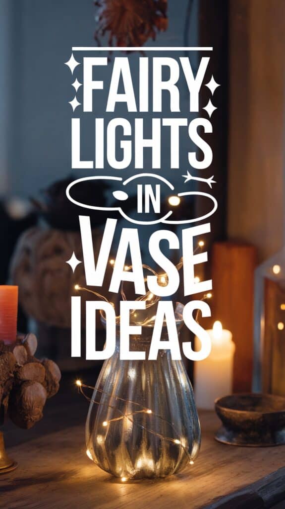 A decorative glass vase with fairy lights inside, surrounded by candles and rustic decor on a wooden surface, with the text 'Fairy Lights in Vase Ideas' overlaid.