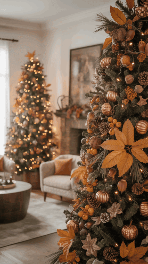 Decorated Christmas trees with autumn-themed ornaments such as pinecones, orange leaves, and small pumpkins in a cozy living room with soft lighting.