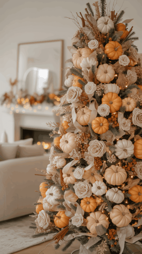 A creatively decorated Christmas tree adorned with small pumpkins, white roses, cinnamon sticks, and soft, beige foliage, creating an autumn-themed festive display in a cozy living room setting.