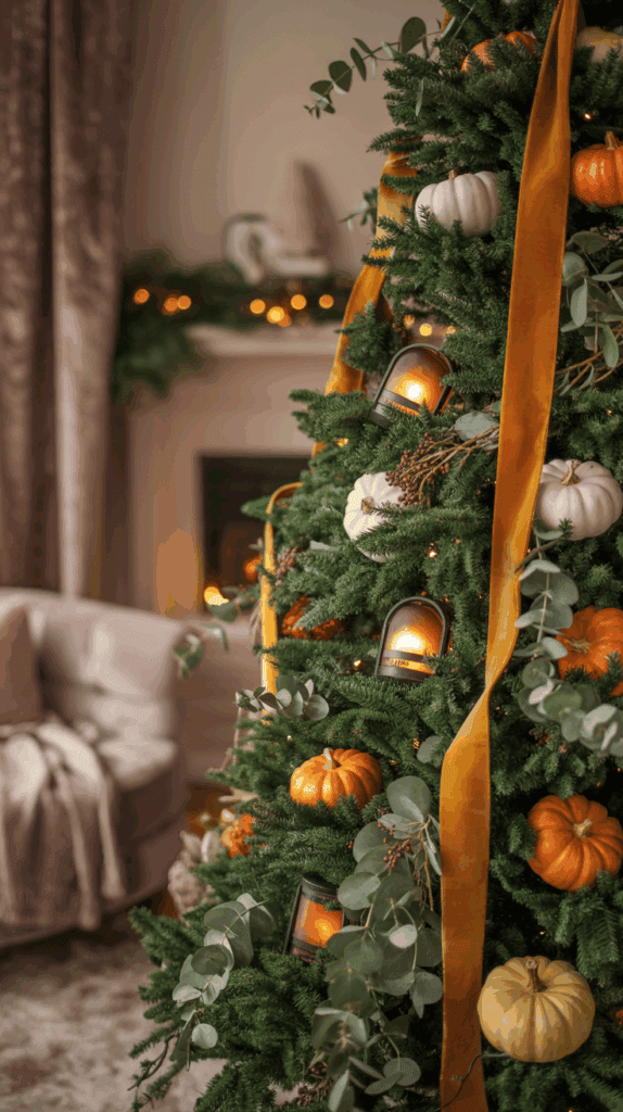 A Christmas tree decorated with pumpkins, small lanterns, and eucalyptus branches, with a golden ribbon wrapping around it. A cozy room with a fireplace and a plush chair is visible in the background.