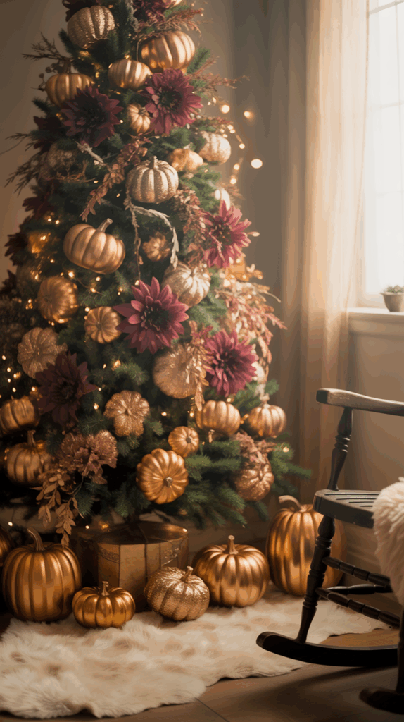 A festive Christmas tree adorned with gold and burgundy decorations, including metallic pumpkins and flowers, surrounded by soft lighting and a cozy faux fur rug, with a rocking chair nearby.